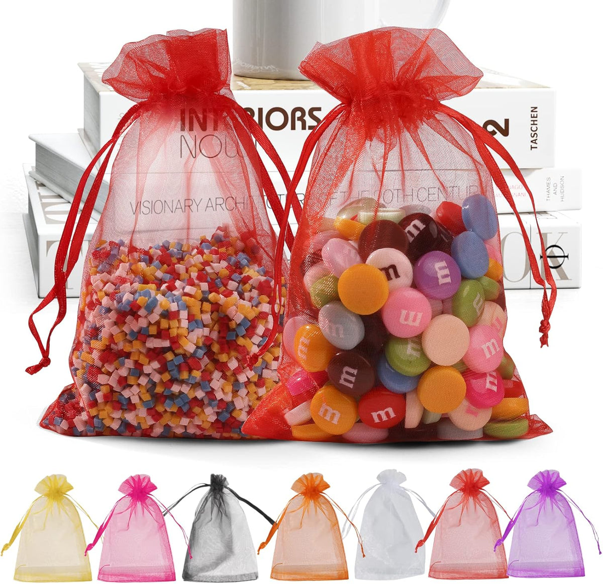 ANZNKU 100 Pack Organza Bags, 4 x 6 inch Small Bags, Favor Bags, Sheer Mesh Bags, Premium Red Gift