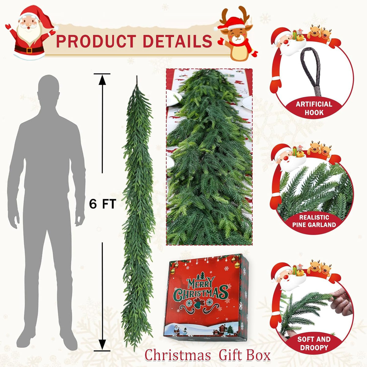 Christmas Cedar Garland for Staircase Real Touch Droopy Bendable Lifelike Faux Xmas Garlands for