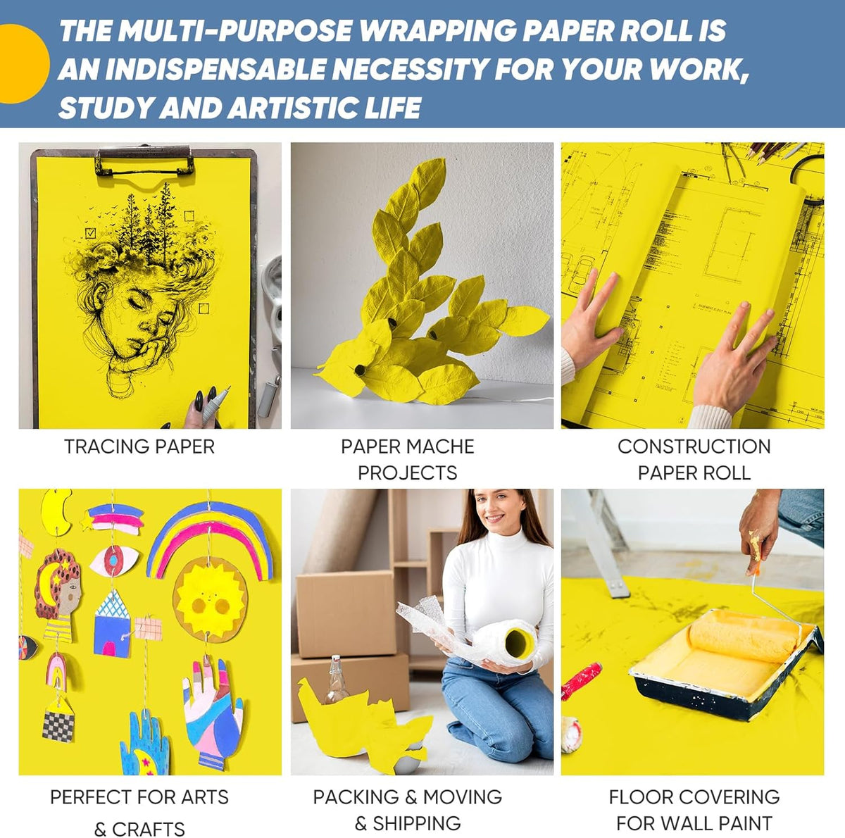 Yellow Wrapping Paper Craft Paper Kraft Paper Roll 15"x450", Bulletin Board Paper, Arts & Crafts