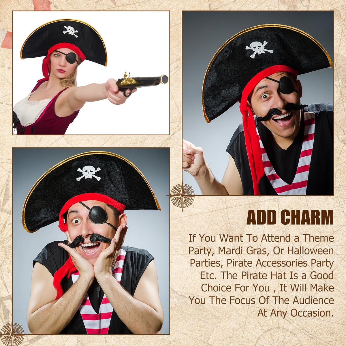 Hsei Pirate Hat Pirate Accesseries Hats for Adult Captain Caps with Skull Print for Masquerade