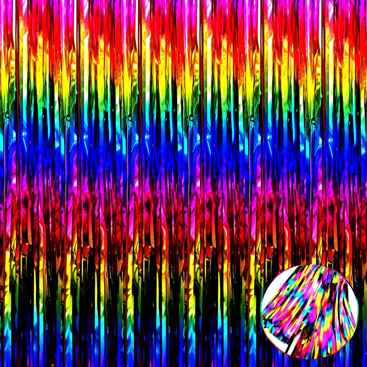 4 Pack Rrainbow Foil Fringe Curtain Backdrop, 3.28Ft x 9.84Ft Colorful Metallic Tinsel Streamers