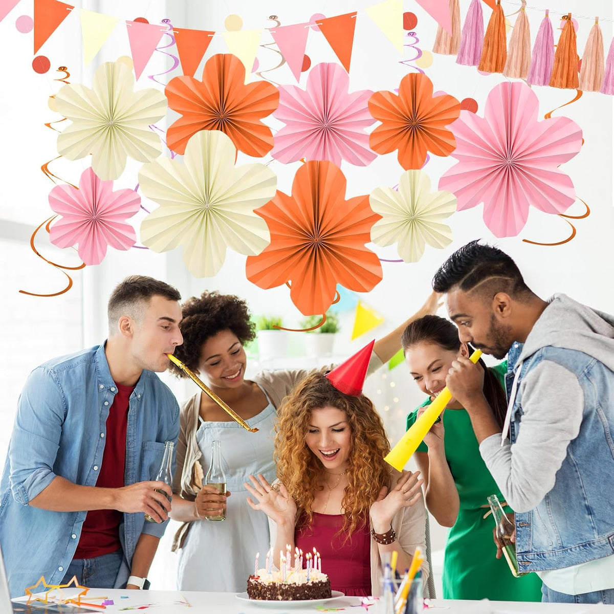 Pink and Orange Party Decorations - Orange Birthday Decoration for Women Girls with Hanging Paper