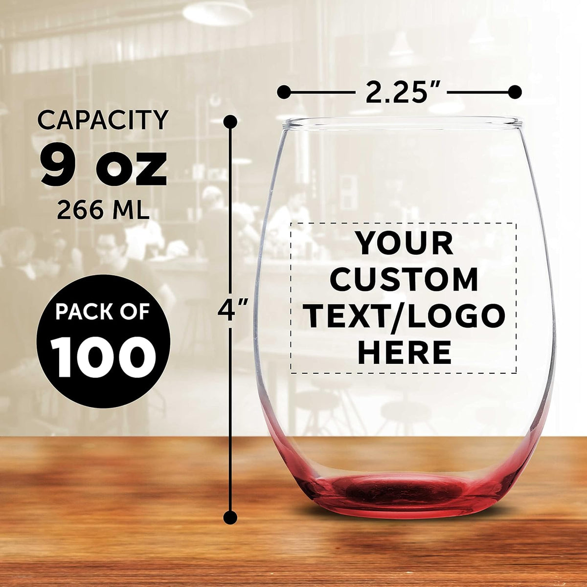 Custom Stemless Wine Glass 9 oz. Set of 100, Personalized Bulk Pack - Great for Wedding Favors