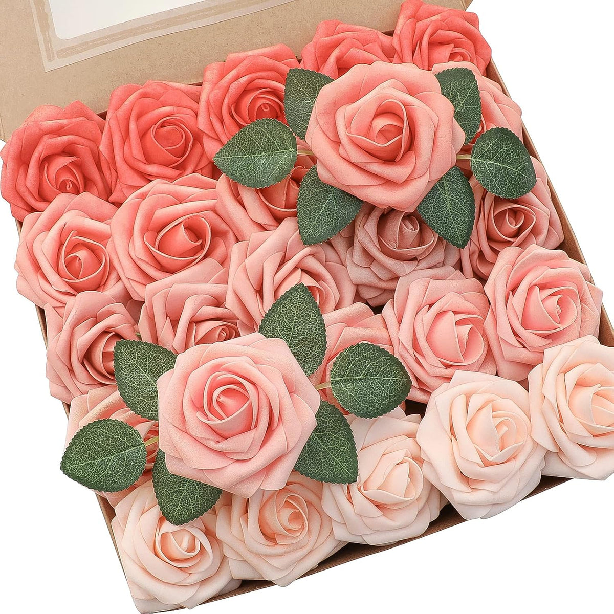 Floroom Artificial Flowers 25pcs Real Looking Coral Ombre Colors Foam Fake Roses with Stems for DIY