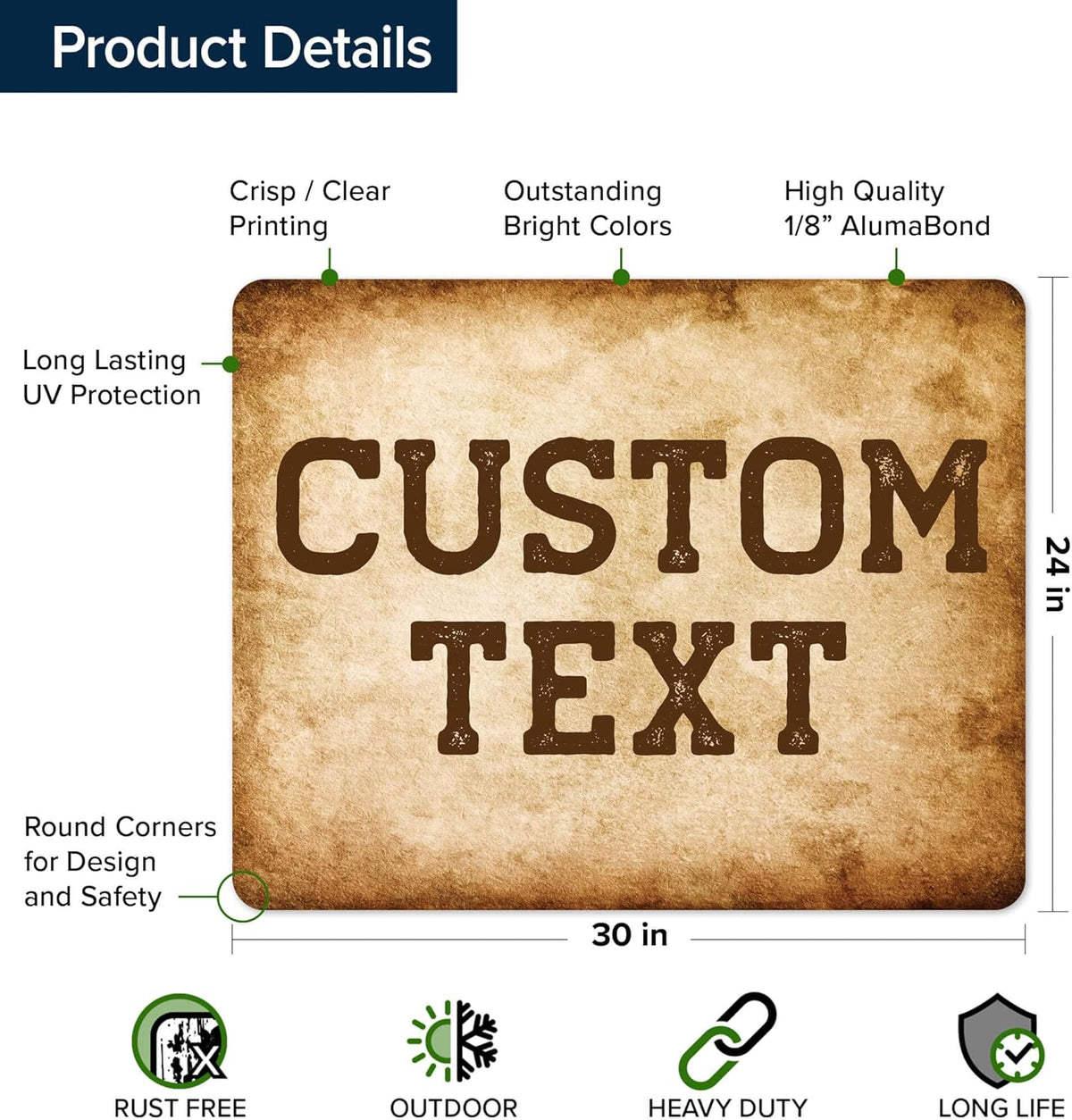 Custom Sign, Custom Street Sign, 11 Font Colors, 13 Font Styles, 4 Hole Options, 22 Sizes, 24x30