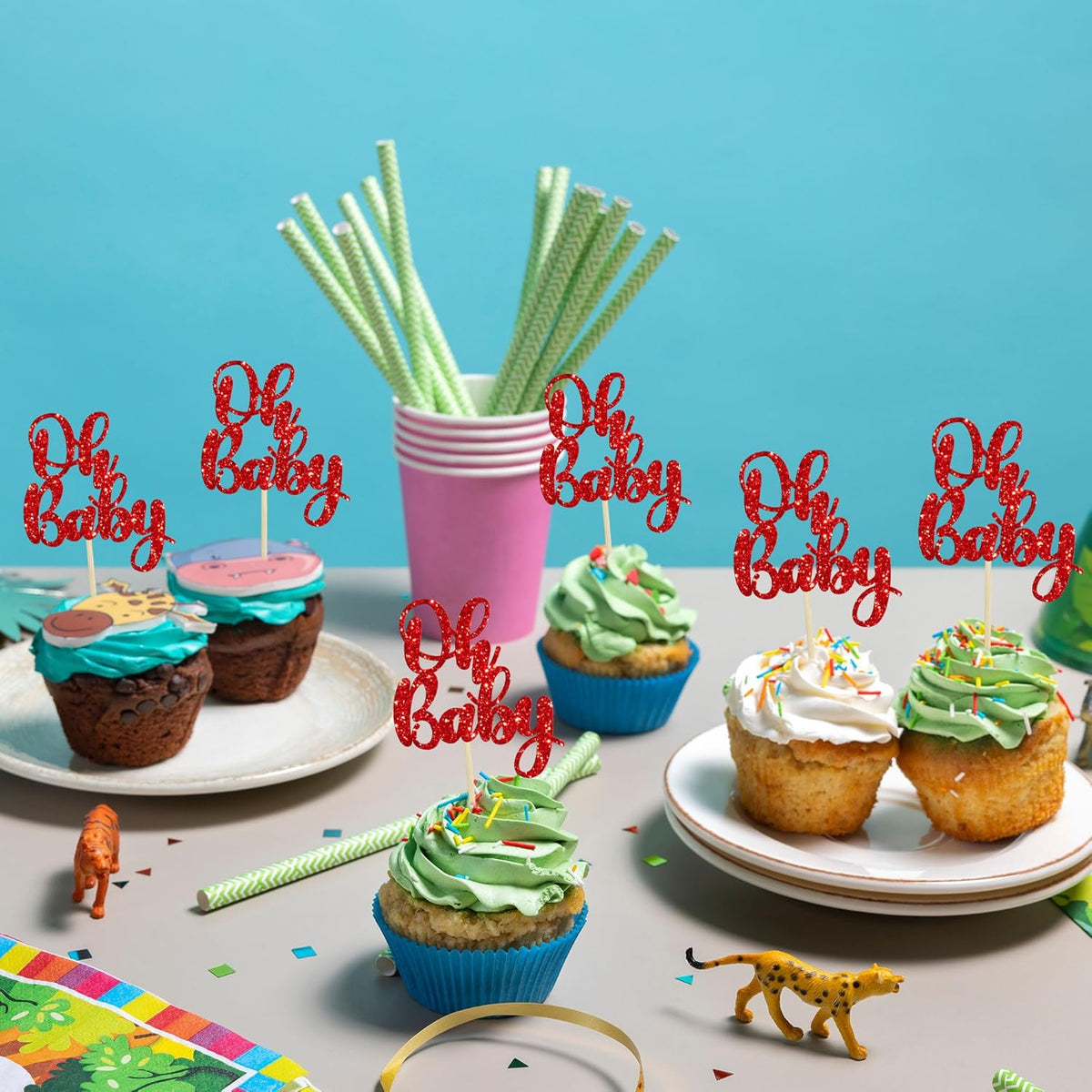 Gyufise 36Pcs Oh Baby Cupcake Toppers Glitter Baby Shower Cupcake Picks for Gender Reveal Baby