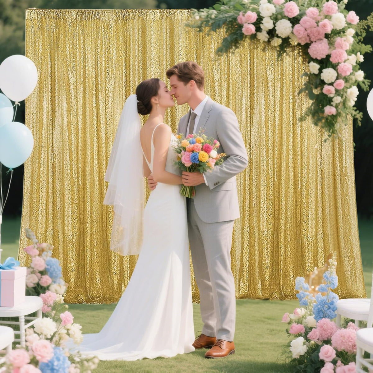 Gold Sequin Backdrop Curtain 4 Pieces 2FTx8FT Glitter Photography Backdrop for Party Wedding