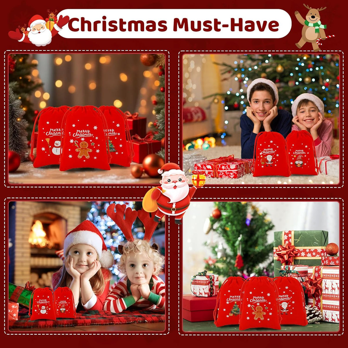 Tapleap Velvet Coth Christmas Bags with Drawstring, 50Pcs 3x4 for Wrapping Christmas Party Favors