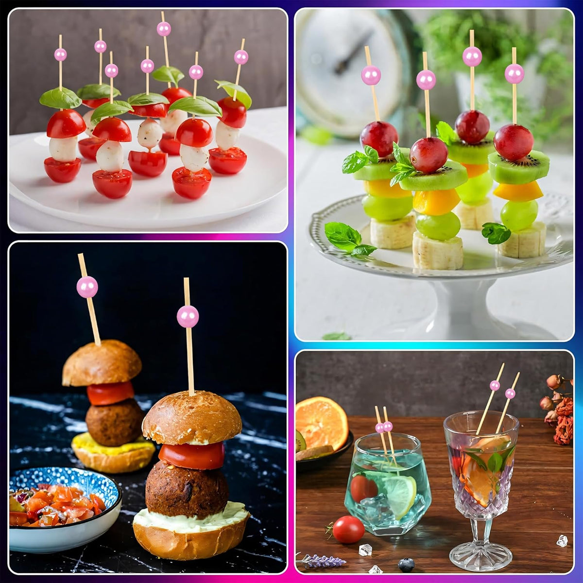 300Pcs Fancy Toothpicks for Appetizers,4.7Inch Pink Pearl Cocktail Picks For Drinks,Bamboo