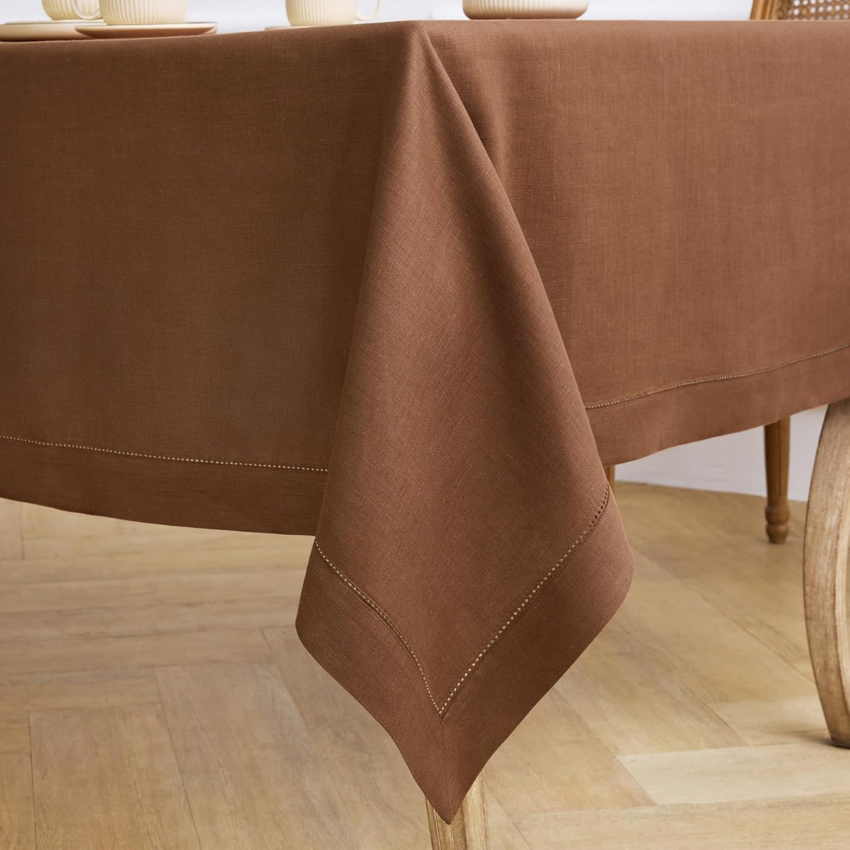 Solino Home Linen Tablecloth 60 x 108 Inch - Classic Hemstitch 100% Pure Linen Brown Table Cloth