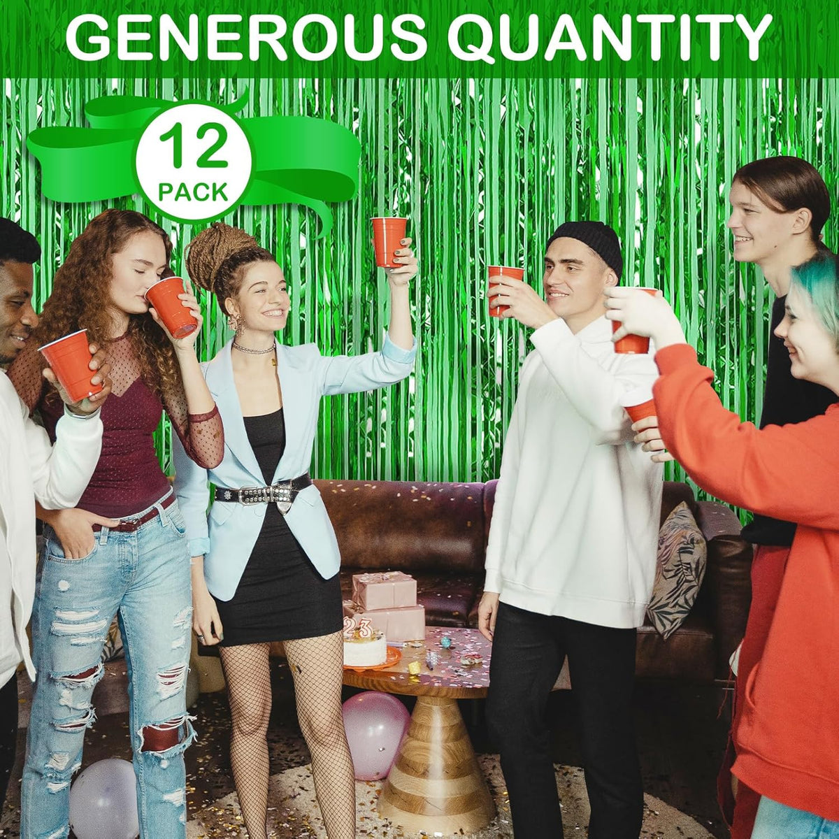 Green Fringe Curtain Party Streamers, 12 Pack 3.3ft x 8.2 ft Foil Curtain Backdrop Tinsel Foil