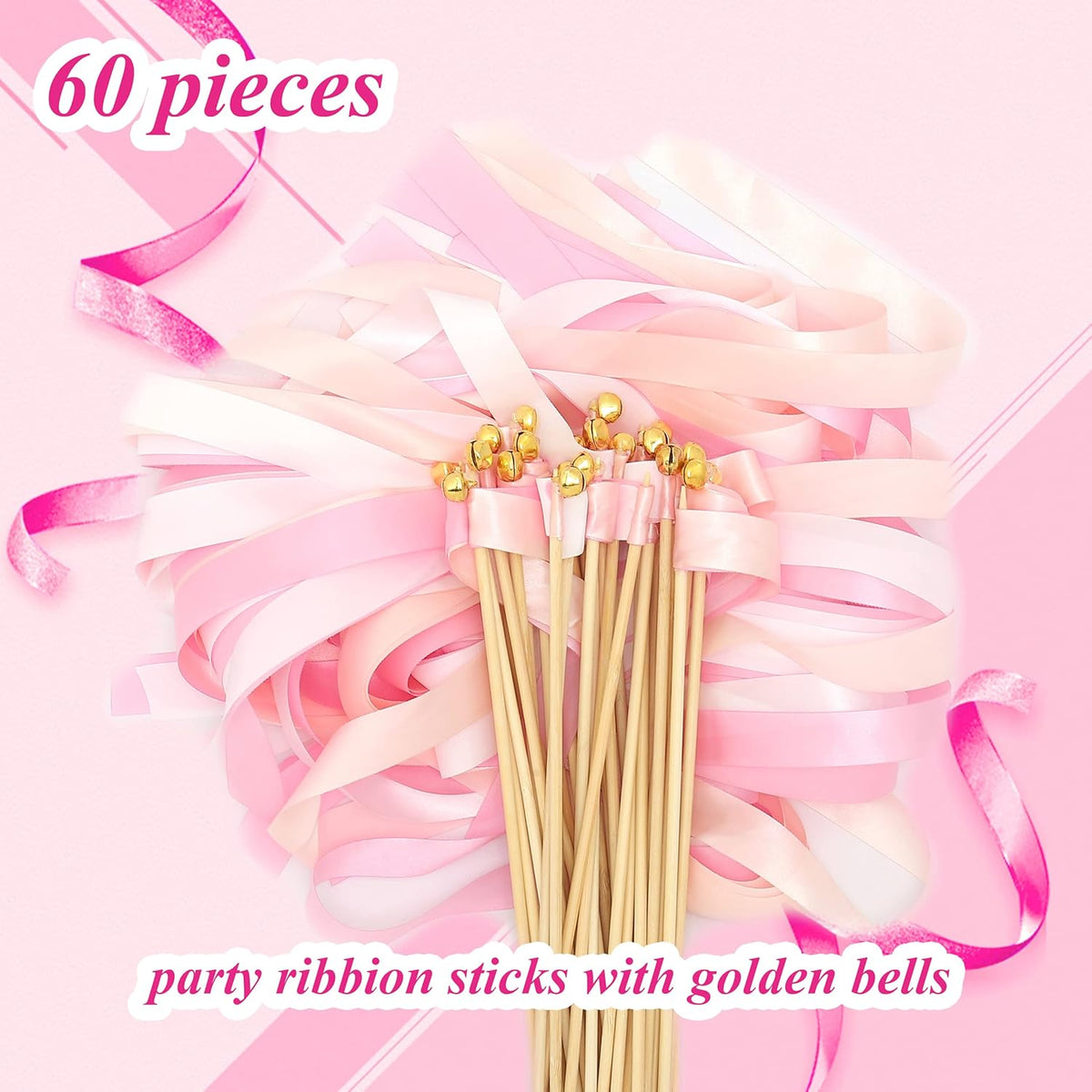 60 Pieces Wedding Colorful Ribbon with Bells, Party Ribbons Streamers Sticks Magic Wish Fairy Wand