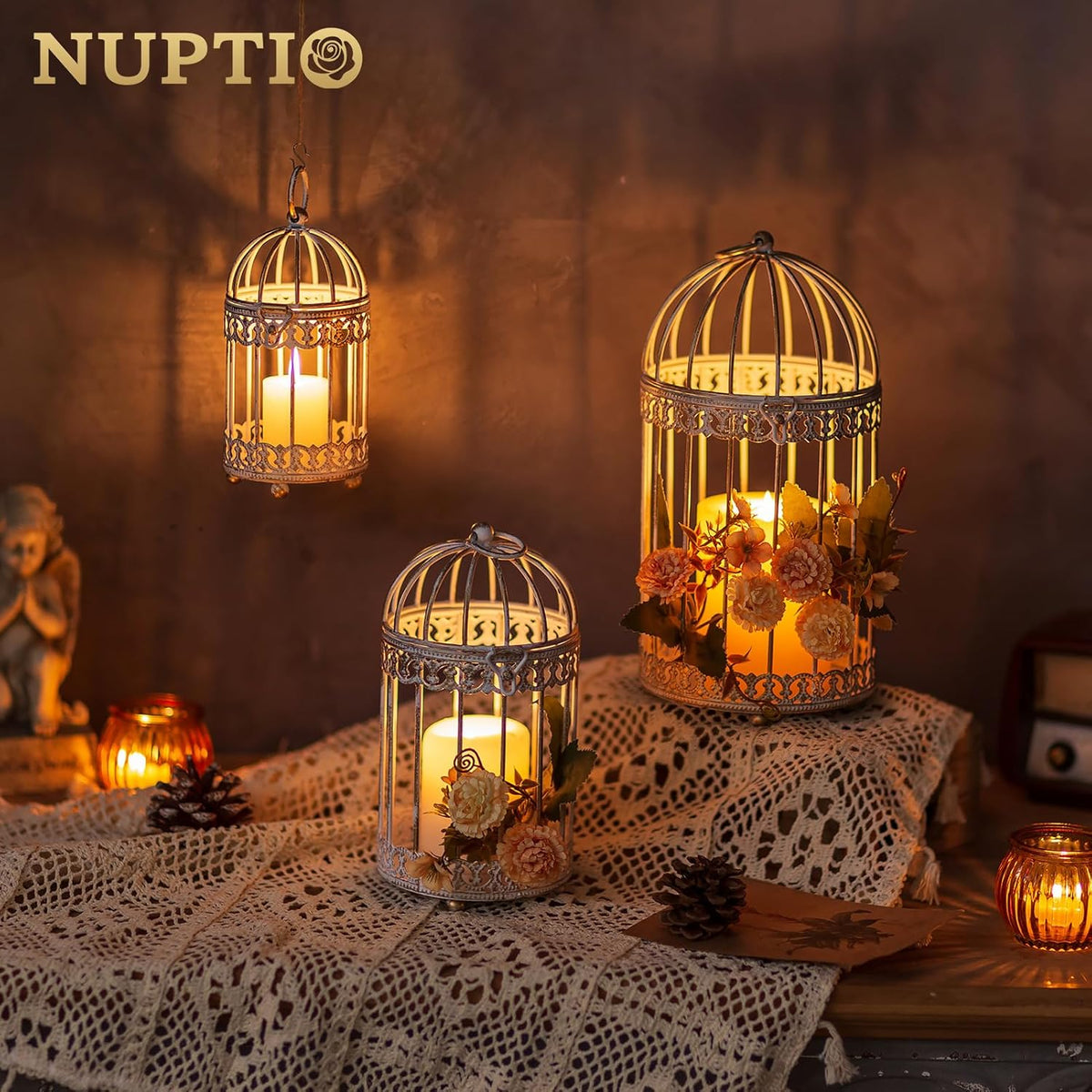 NUPTIO Decorative Candle Lanterns White: 3 Pcs Distressed White Metal Bird Cage Indoors Lantern