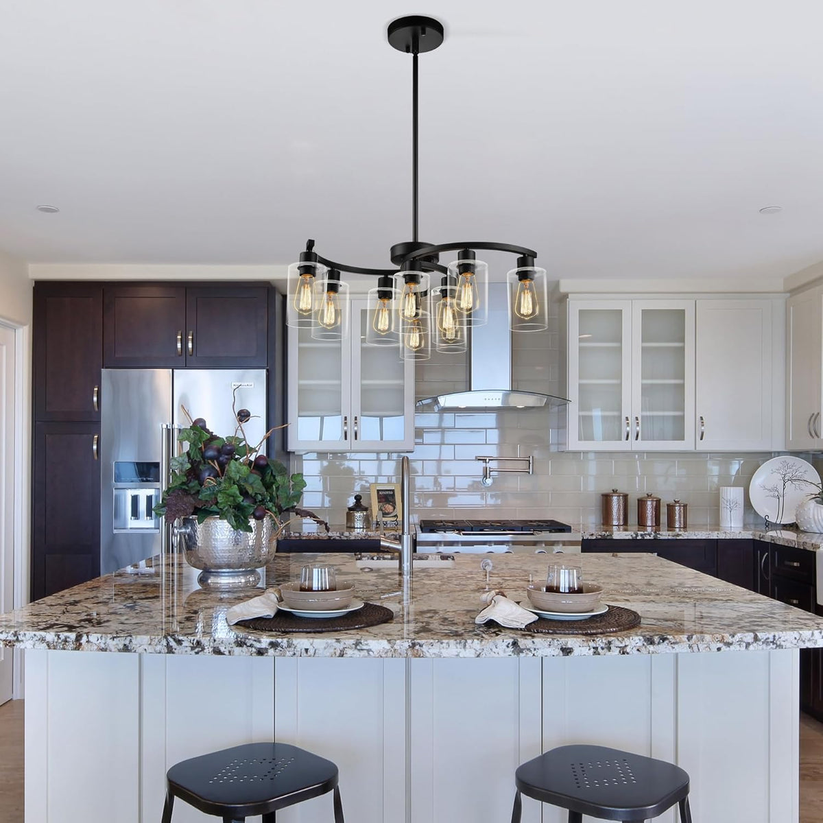 9-Light Black Modern Chandeliers for Dining Room, Adjustable Height Farmhouse Kitchen Island