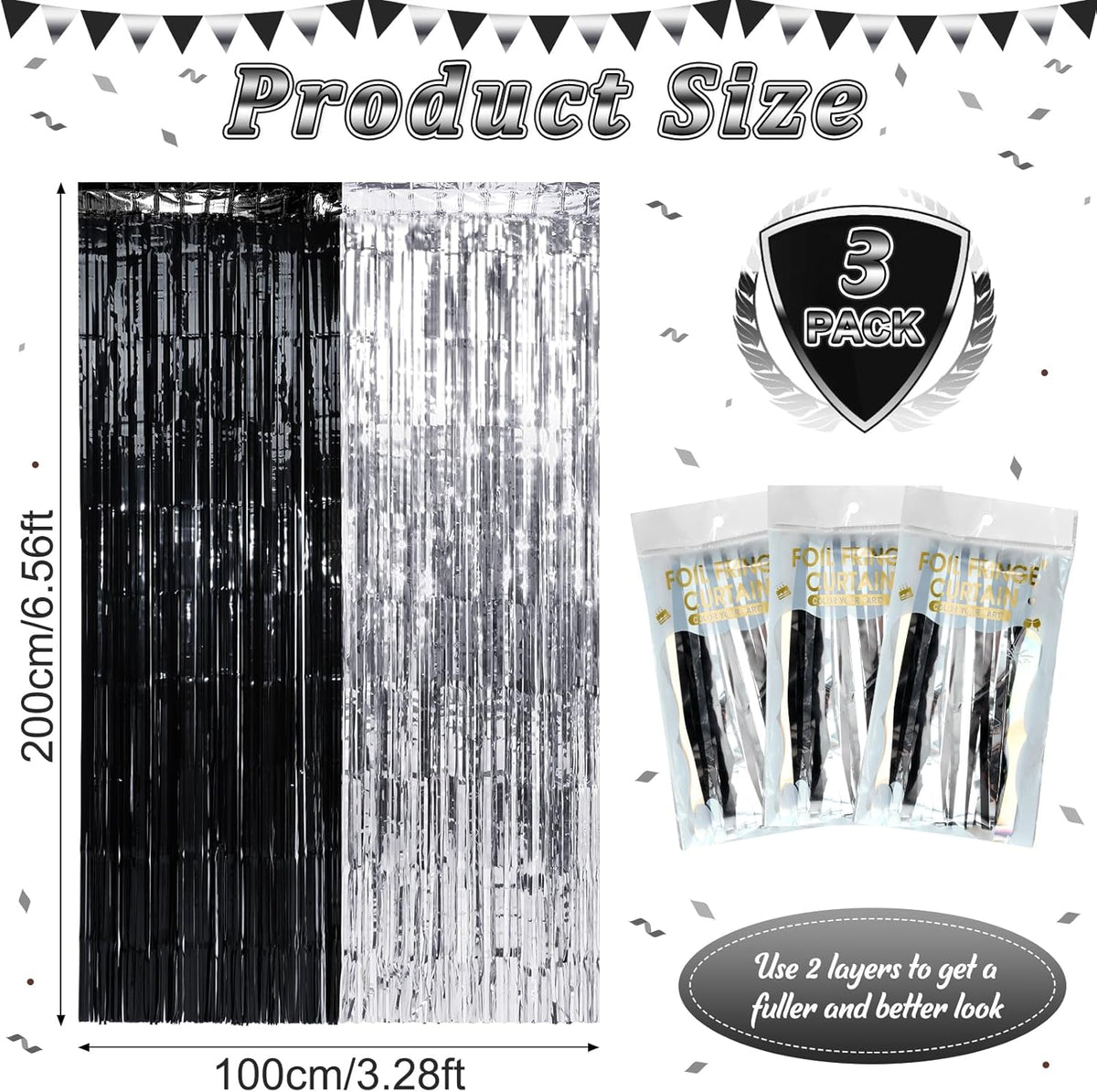 3 Pack 3.3Ft x 6.6Ft Graduation Foil Fringe Curtain Backdrop Decorations, Black Silver Metallic