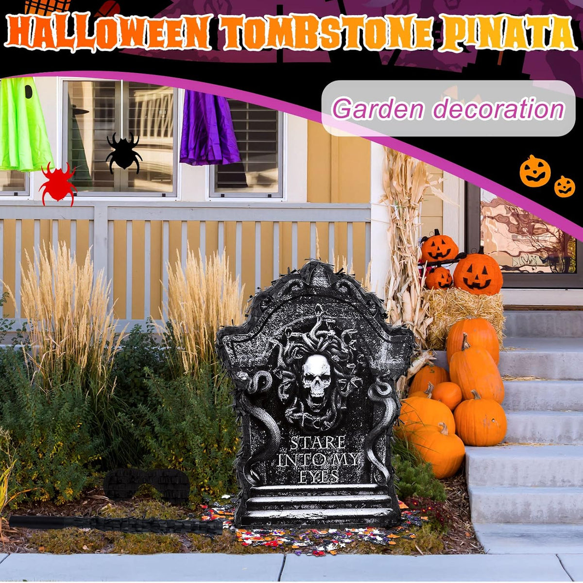 Halloween Tombstone Piñata Halloween Confetti Spooky Ghost Piñata with Stick Paper Eye Mask for