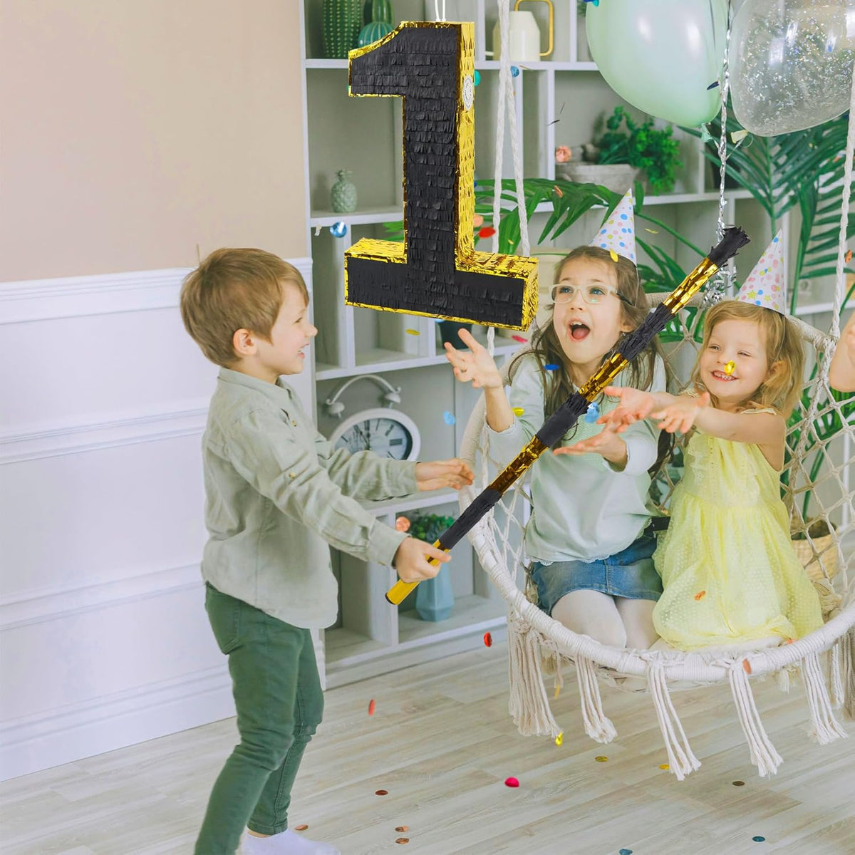 PCFING 20 Inch Number 1 Piñata Gold Black with 30 Inch Piñata Stick Blindfold Confetti for Man
