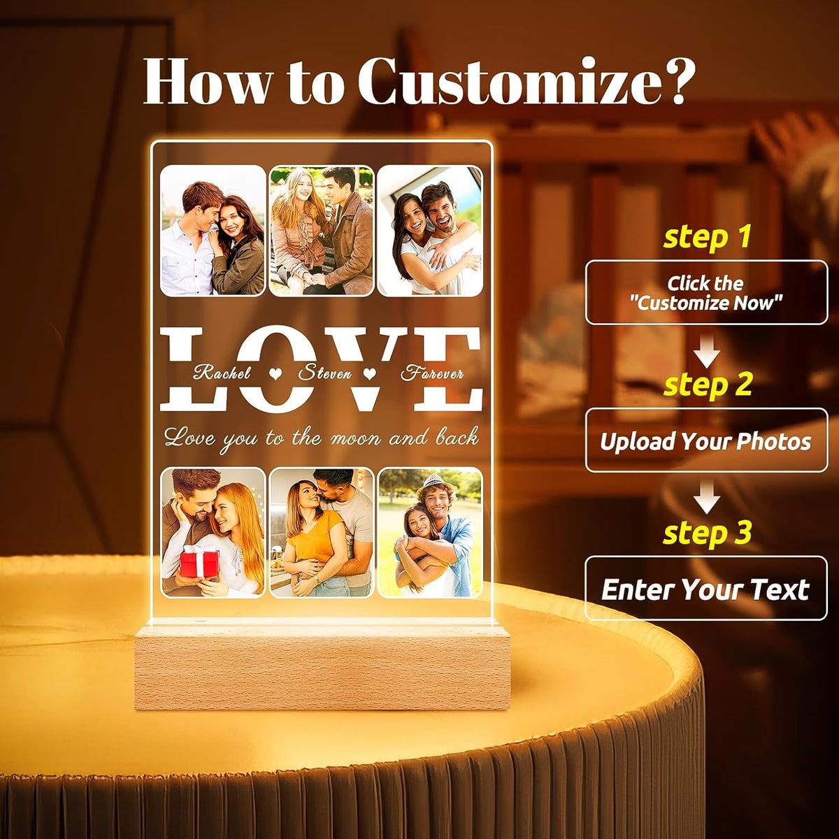 Personalized LOVE Picture Frames with Photo, Custom Photo Frame with Night Light, Customized Photo