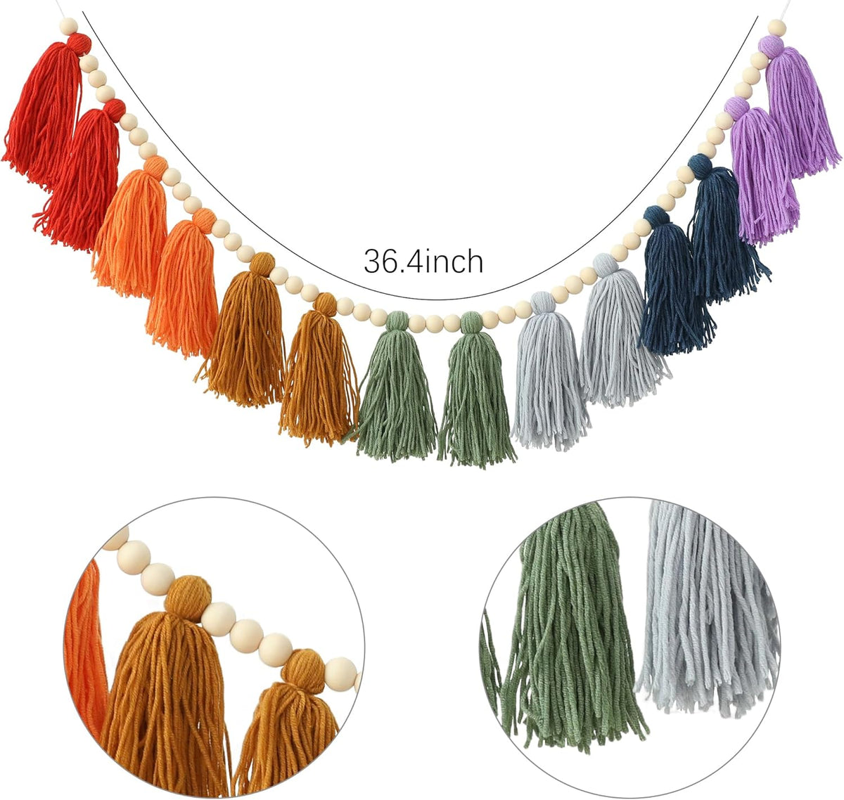 Boho Tassel Garland Wall Hanging with Wood Beads Colorful Tassel for Kids Room Bedroom Classroom