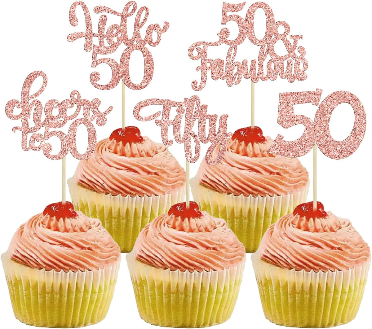 30Pcs Happy 50th Birthday Cupcake Toppers Rose Gold Glitter Fifty Cheers to 50 Years Old Birthday