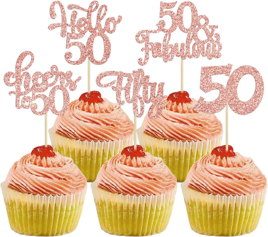 30Pcs Happy 50th Birthday Cupcake Toppers Rose Gold Glitter Fifty Cheers to 50 Years Old Birthday
