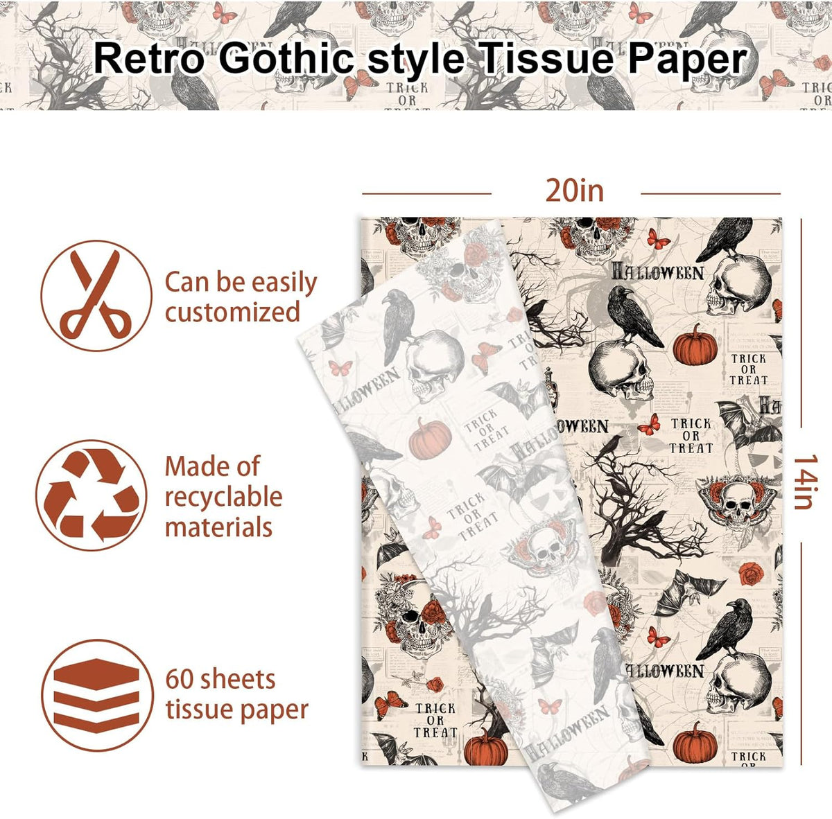JarThenaAMCS 60 Pcs Halloween Tissue Paper Retro Gothic Skull Crow Pumpkin Wrapping Paper
