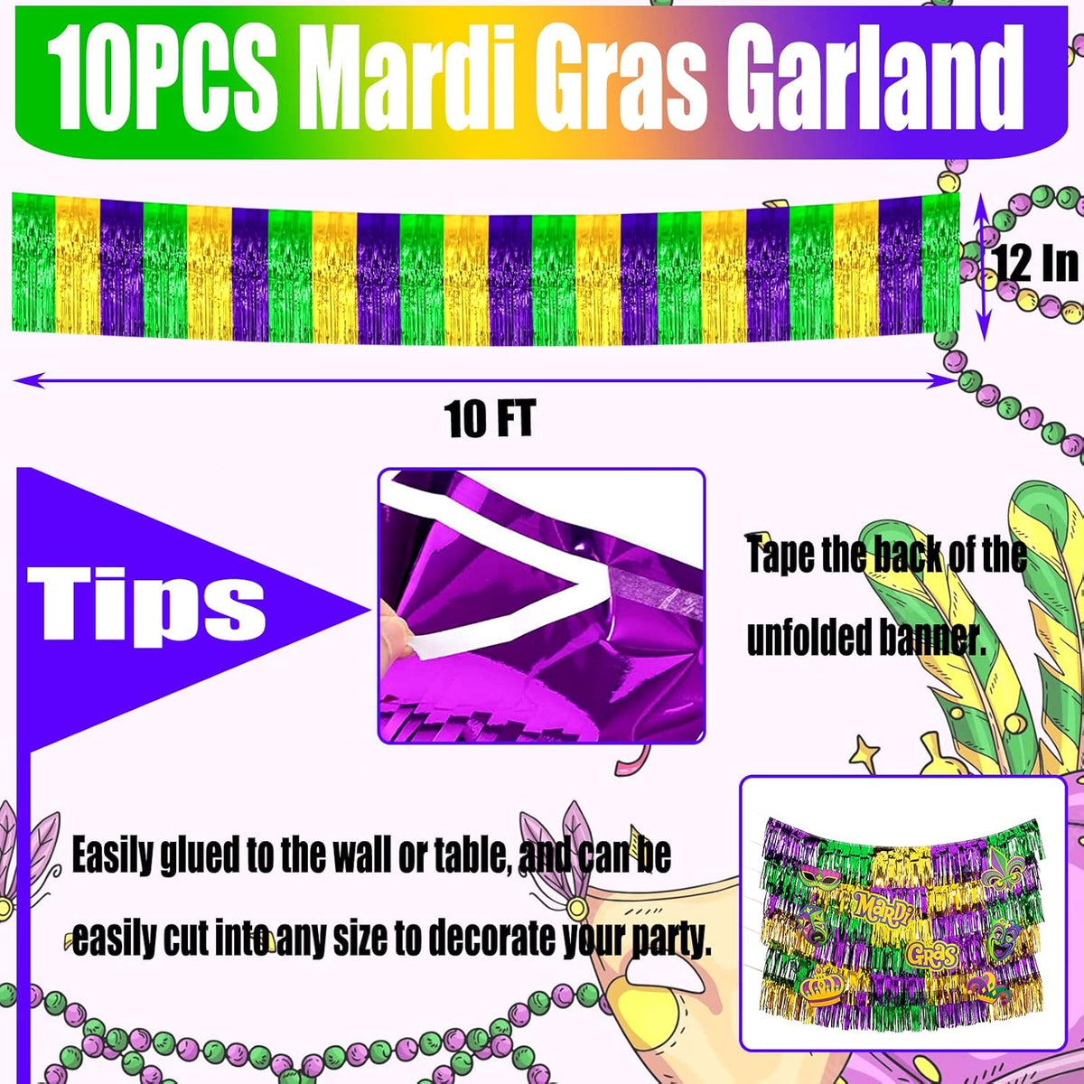 10 Pack 10 Feet Mardi Gras Foil Fringe Garland Metallic Tinsel Streamers Banner Wall Hanging