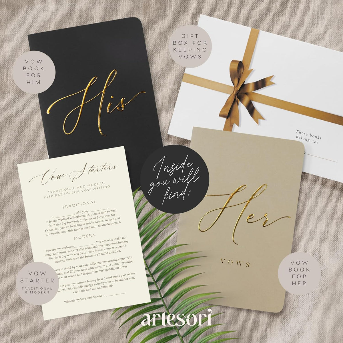 ARTESORI Wedding Vow Book for Her & Him, Soft Touch, Gold Engraving, 28 Lined Pages, Wedding Vow
