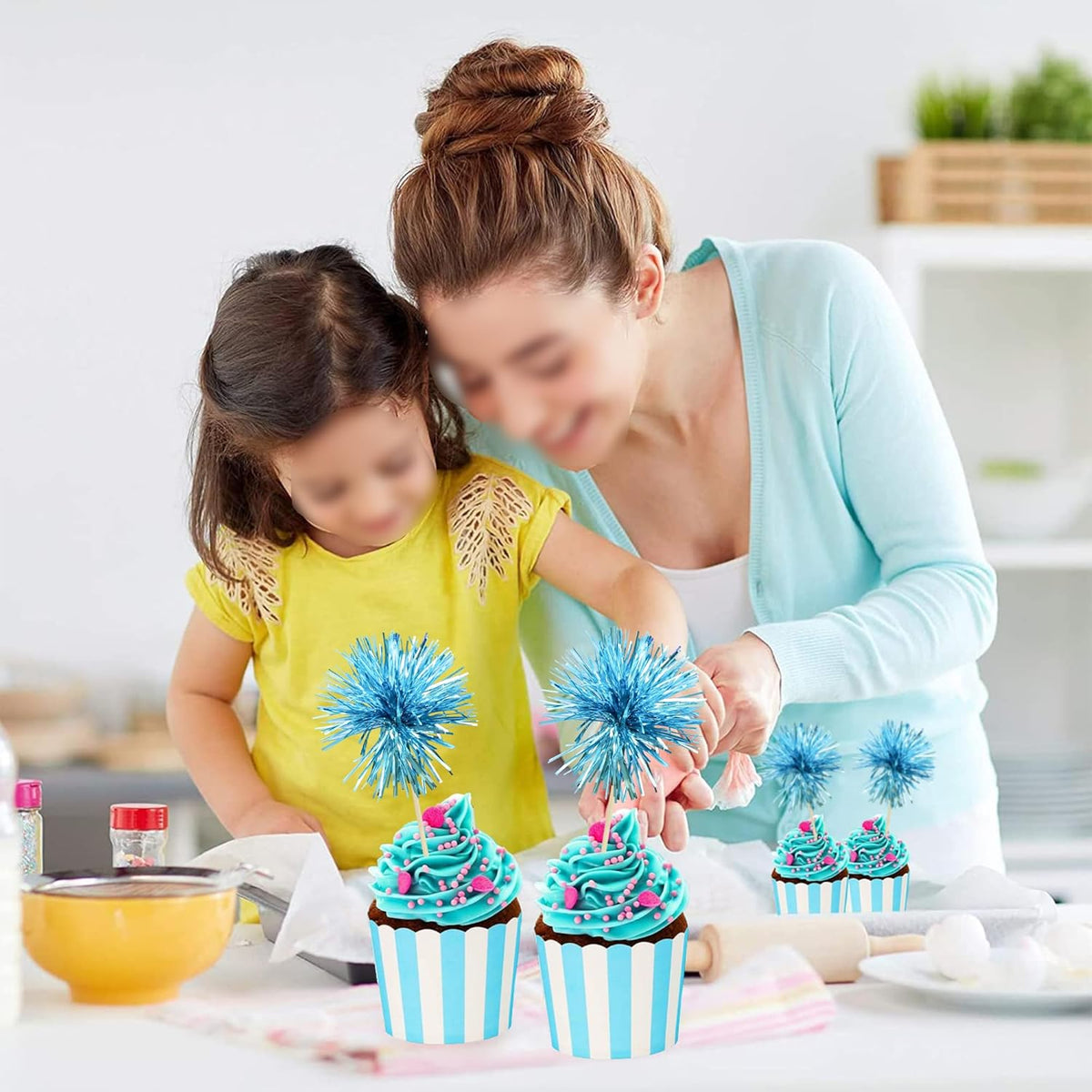 Ephlyn 30Pcs Foil Firework Cupcake Toppers Sparkle Tinsel Cupcake Picks Happy Birthday Cake Toppers