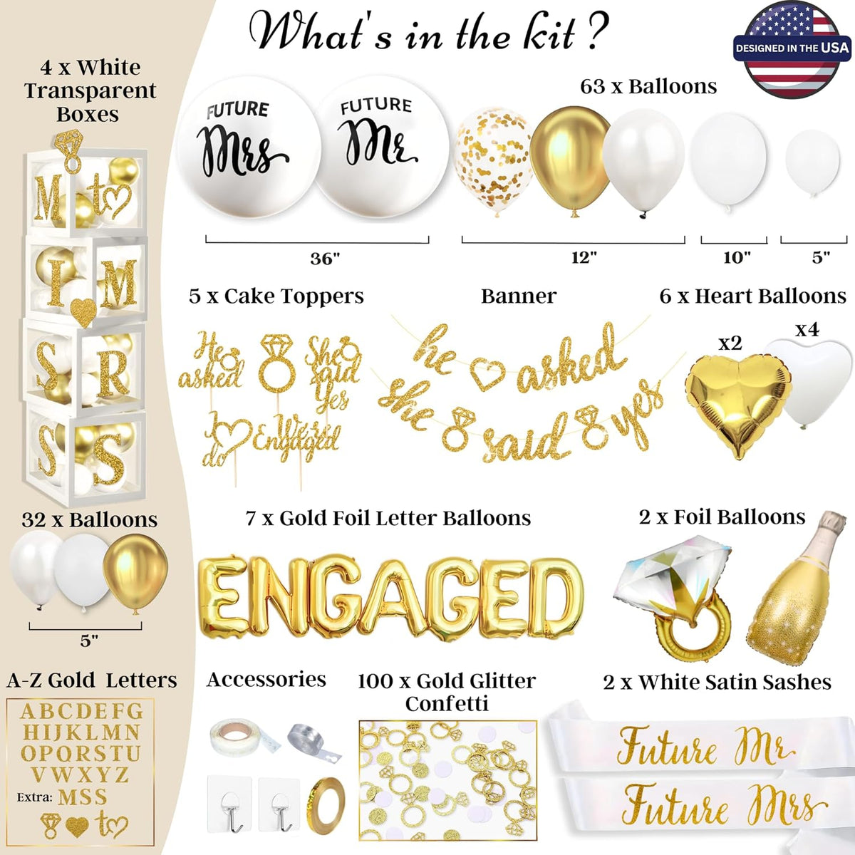 248 Pc Premium Engagement Party Decorations, Gold and White Bridal Decorations, He Asked She Said