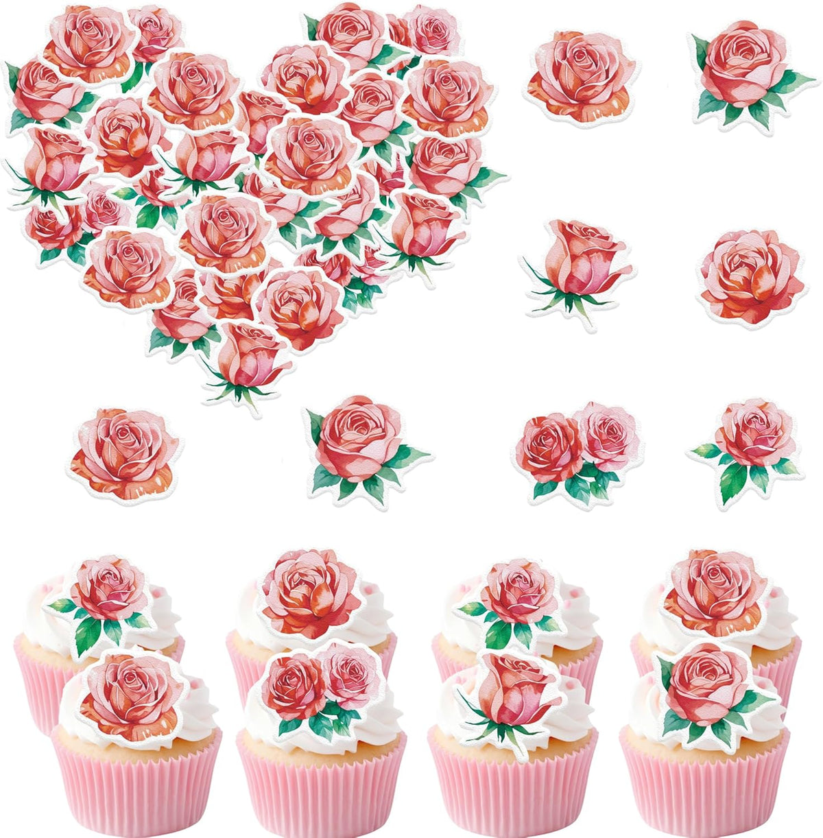 48PCS Edible Rose Flower Cupcake Toppers Wafer Paper Roses Decorations Flower Birthday Party