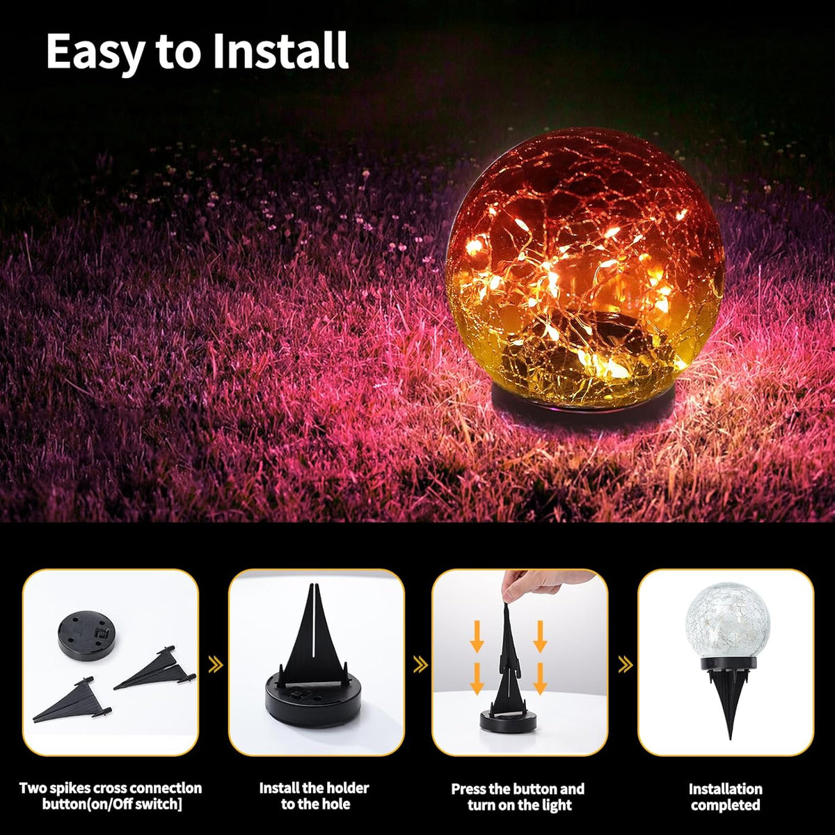Solar Globe Lights Outdoor Waterproof - Cracked Glass Ball Lights for Garden, Patio, Yard, Lawn and