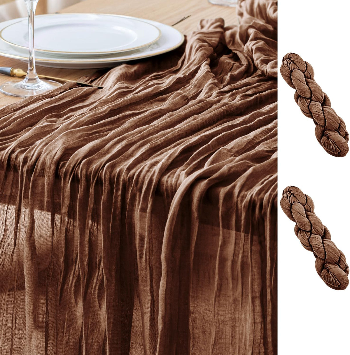 Asee'm 2pcs Cheesecloth Table Runner 120 Inches Long Brown Boho Gauze Cheese Cloth Runner 10FT