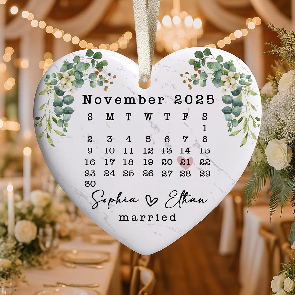Love Signal Married Calendar Ceramic Ornament, Mr Mrs 2025 Ornaments Custom Name Date, Personalized