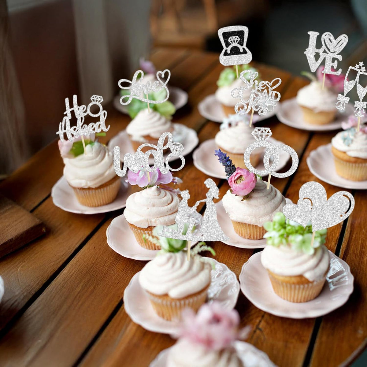 Ephlyn 30Pcs He Asked She Said Yes Cupcake Toppers Glitter Engagement Cupcake Toppers Diamond Ring