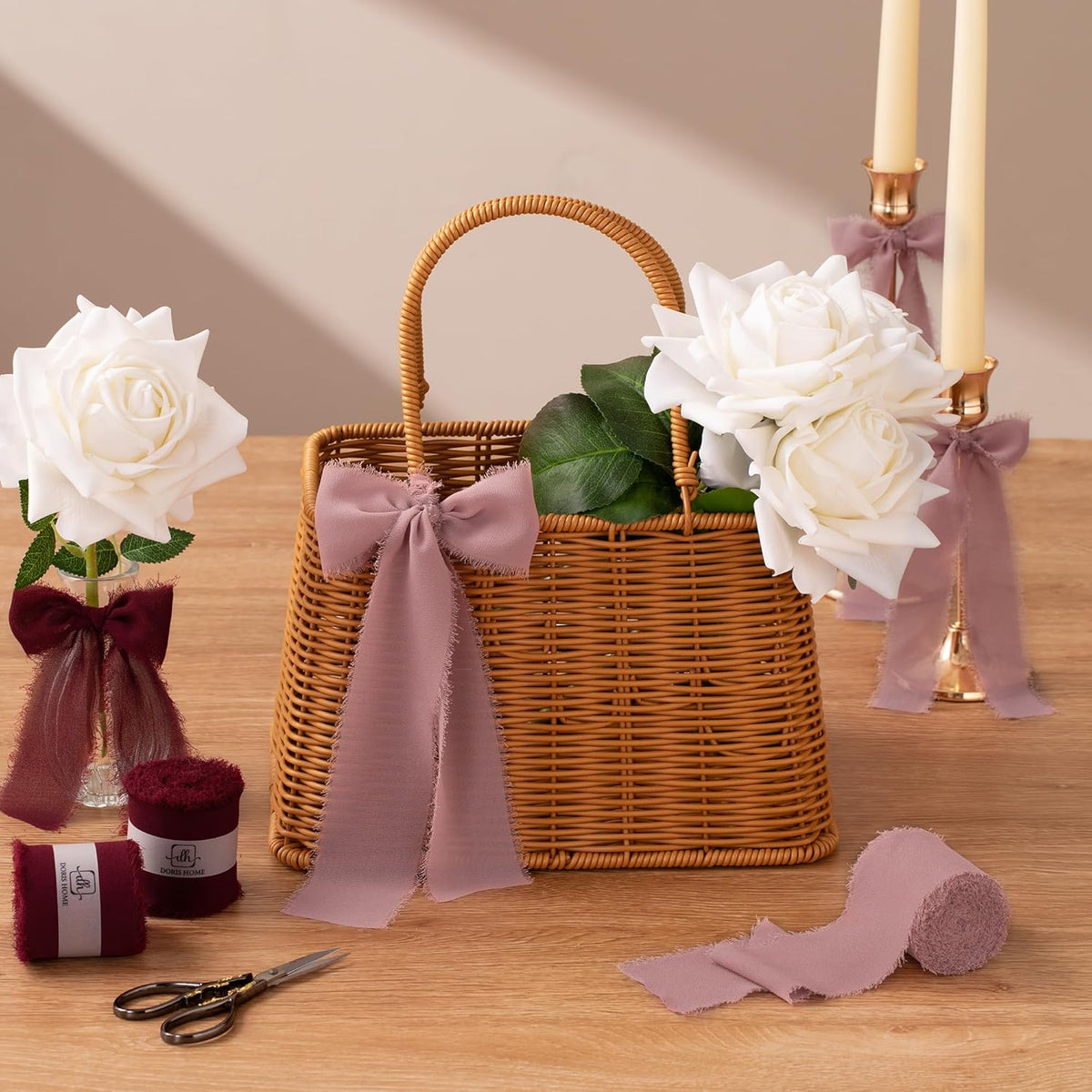 DORIS HOME 2" x21Yd Chiffon Ribbon for Flower Bouquet, Pink & Burgundy Fabric Ribbon for Gift
