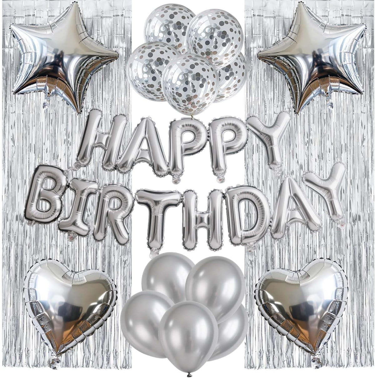 29 Pcs Silver Birthday Party Decorations - Happy Birthday Balloons Banner Silver, Heart & Star Foil