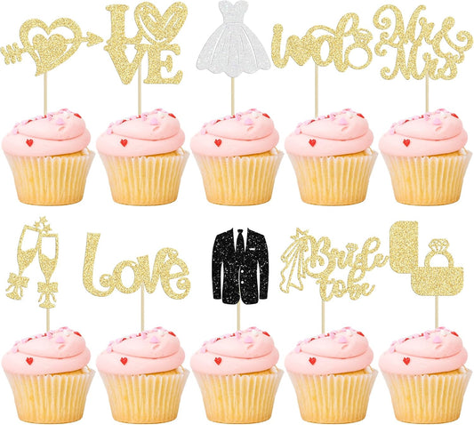 Ephlyn 30Pcs Bride to be Cupcake Toppers Glitter Diamond Ring Love I Do Cupcake Picks for Miss to