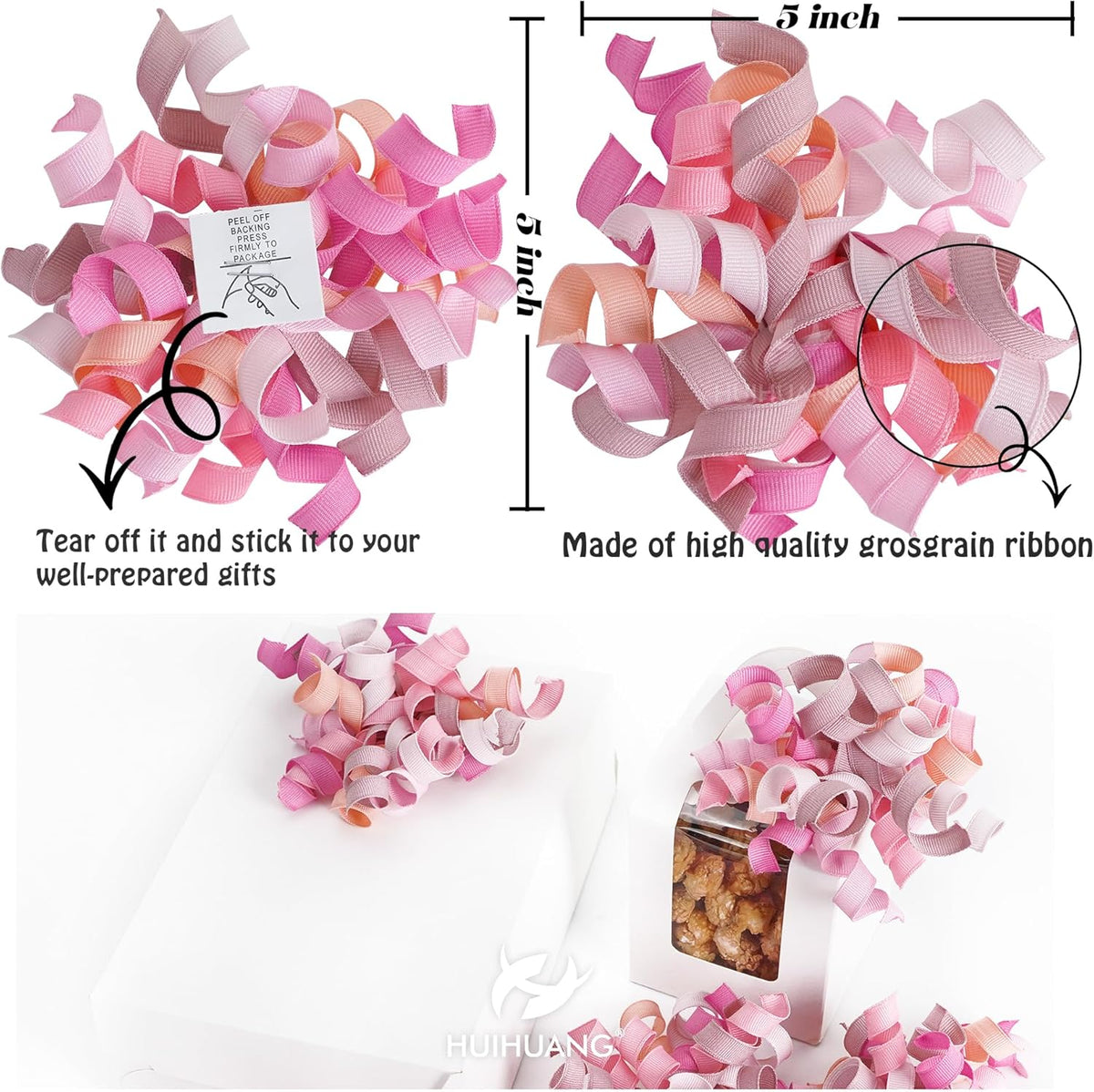 HUIHUANG Dusty Pink & Rose Bows for Gift Wrapping, Self-Adhesive Curly Ribbons for Presents, Wine