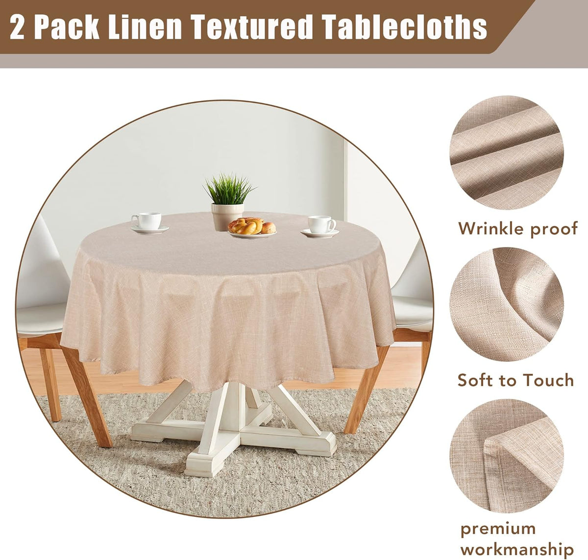 Fitable Faux Linen Textured Beige Round Tablecloths 60 Inches - 2 Pack Faux Burlap Table Clothes