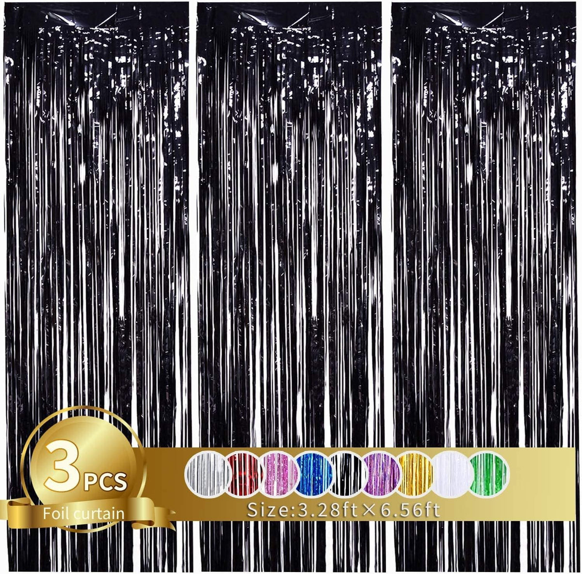 TONIFUL 3Pcs Black Door Streamers,Photo Booth Backdrop,Metallic Streamers Black Foil Fringe