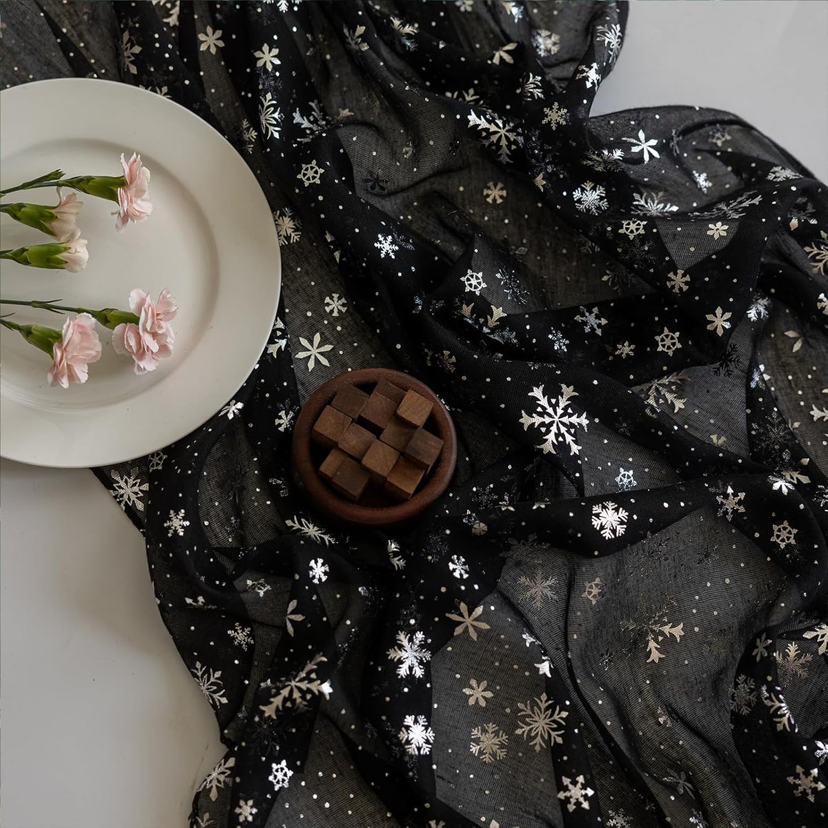 Silvery Snowflake Metallic Print Tulle Christmas Table Runner, Seasonal Winter Kitchen Dining Table