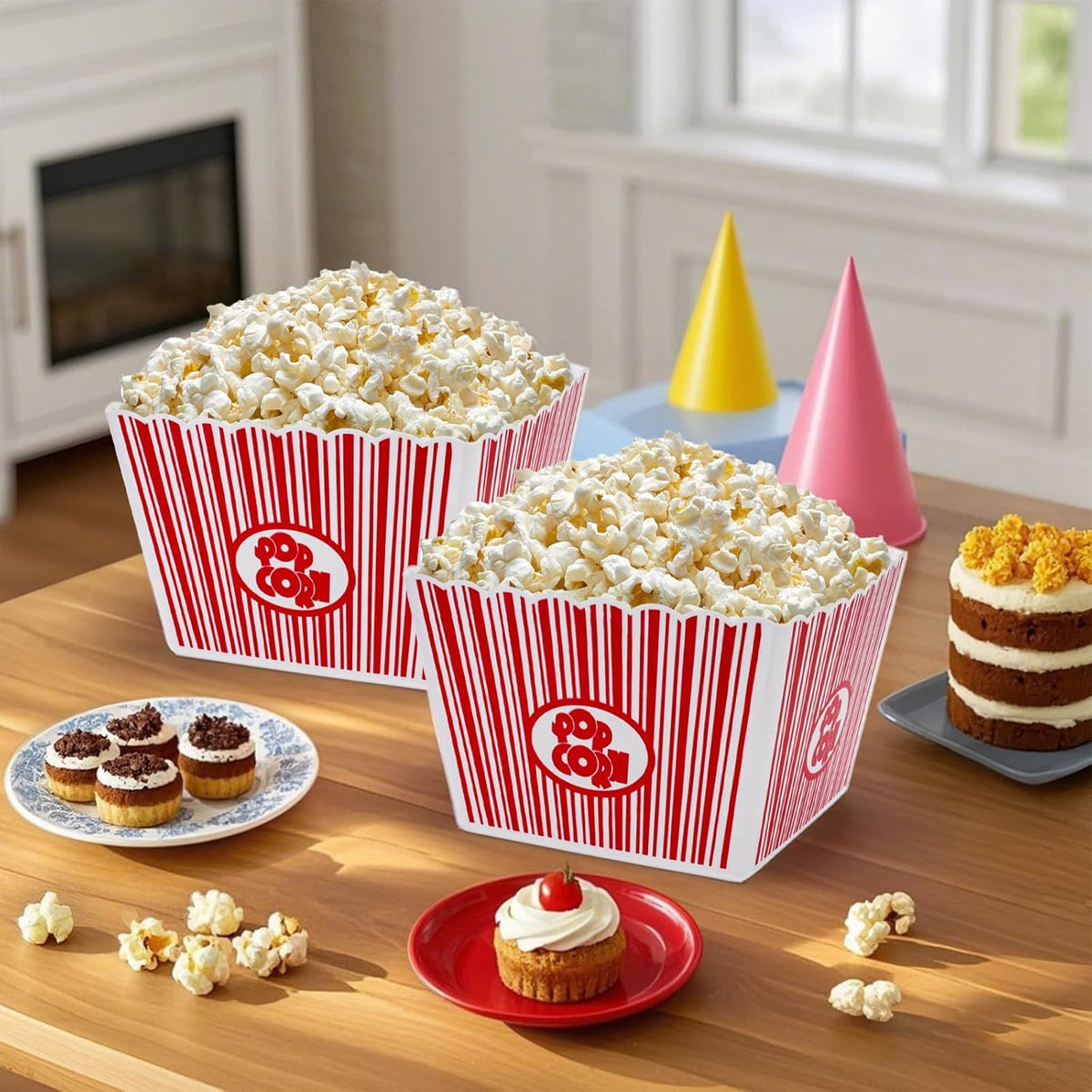Hedume 6 Pack Popcorn Containers, Plastic Movie Theater Style Popcorn Container Set, Red & White