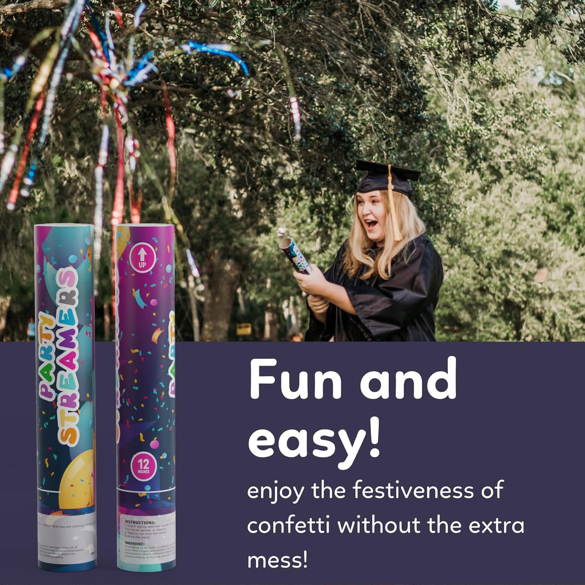 No Mess Streamer Confetti Cannon Party Poppers | 2 Pack | Multicolor Streamers | Glitter Bomb