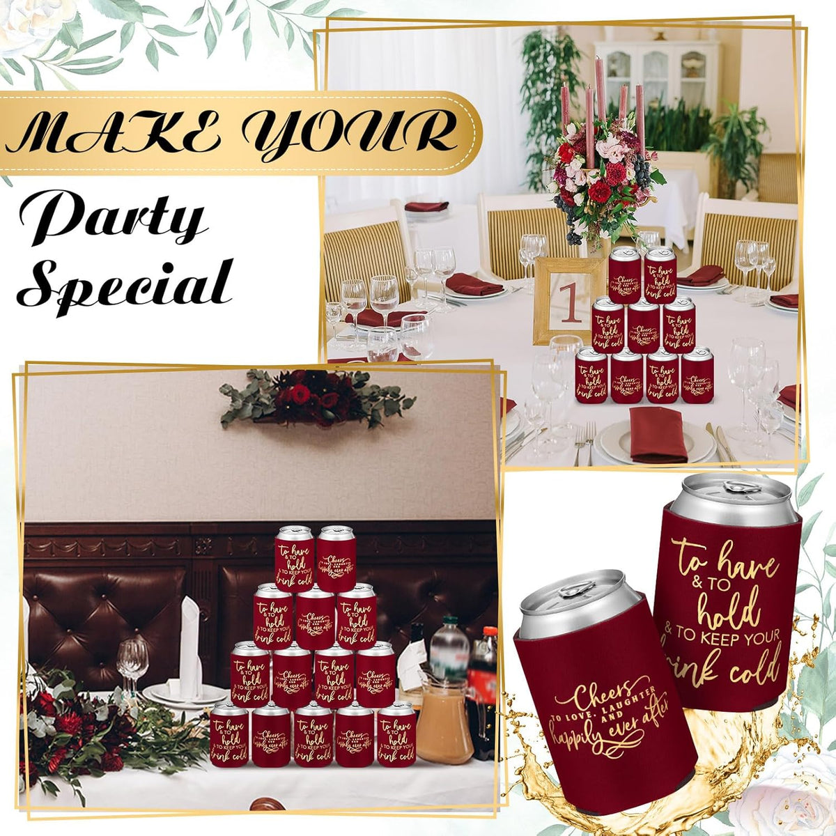 50 Pieces Burgundy Wedding Can Cooler Sleeves Bulk Engagement Party Favors for Guests Cheers to