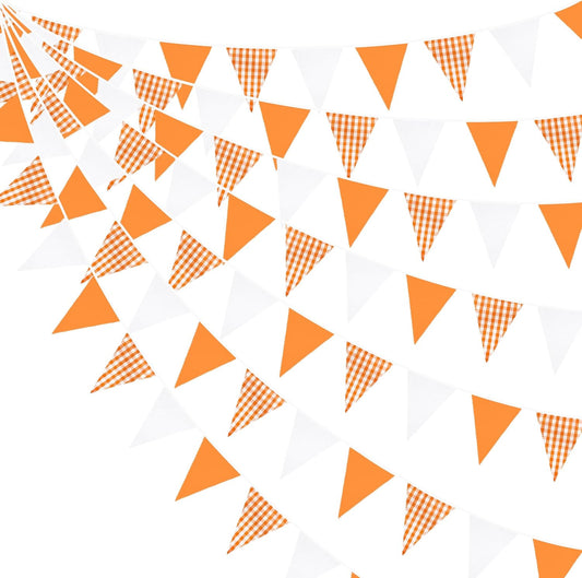32Ft Orange Party Decorations Orange Buffalo Plaid Checkered White Triangle Flag Gingham Pennant