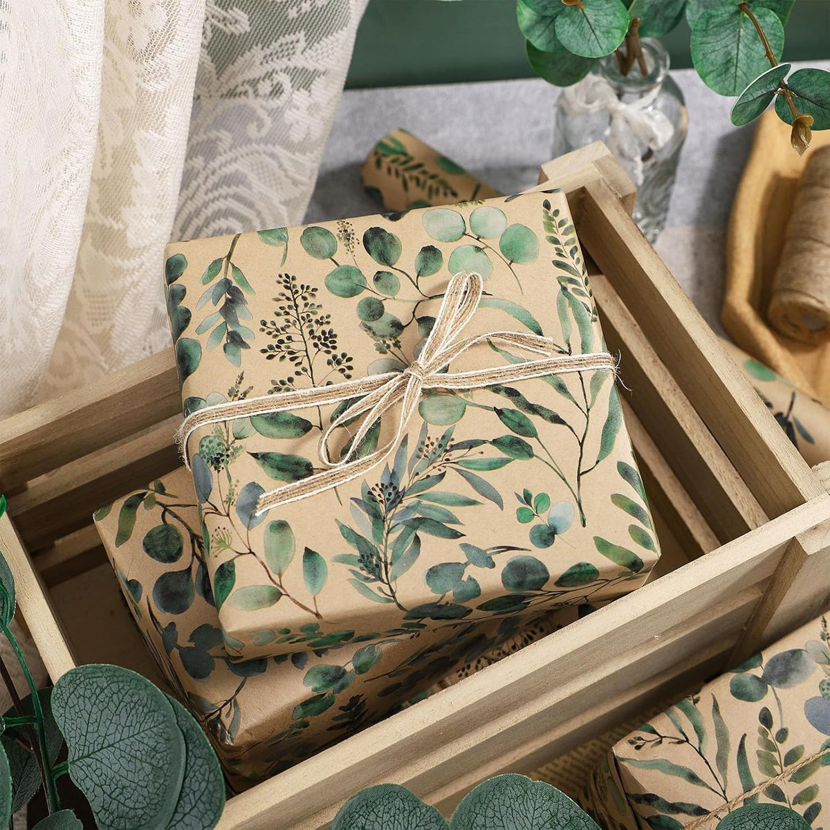 RUSPEPA Wedding Wrapping Paper, 17 in x 16.4 ft, Mini Roll, Eucalyptus Leaf Gift Wrap Paper, Green
