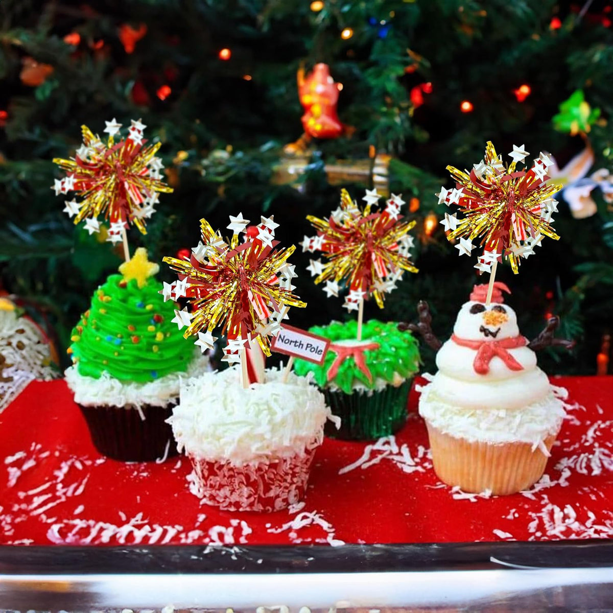 Ephlyn 30Pcs Foil Firework Cupcake Toppers Sparkle Tinsel Cupcake Picks Happy Birthday Cake