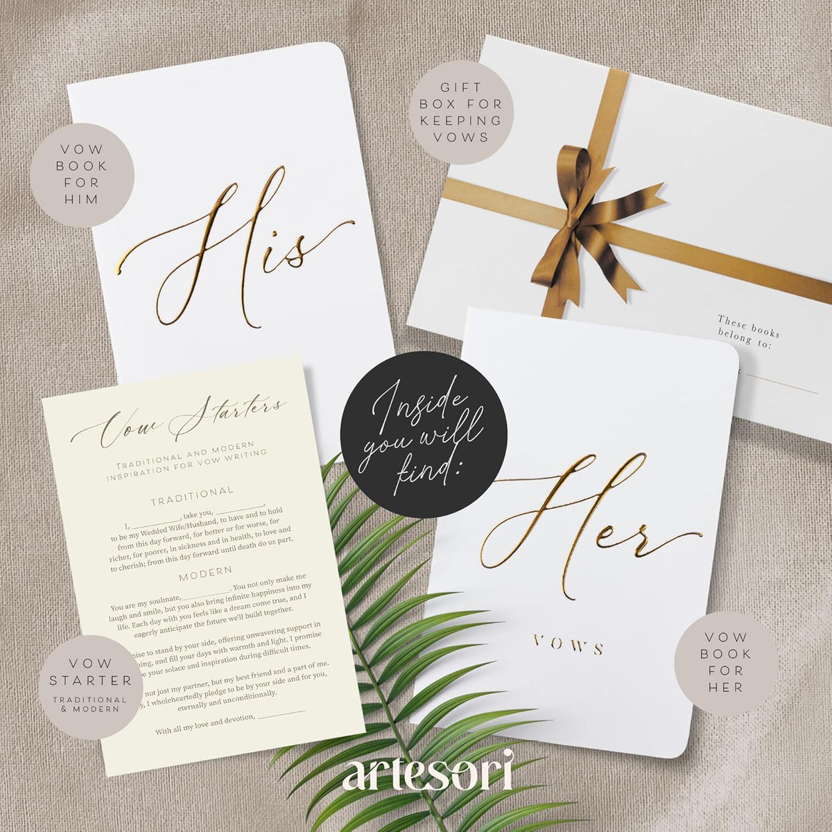 ARTESORI Premium Wedding Vow Book for Her & Him, Soft Touch, Gold Foil, 28 Lined Pages, Wedding Vow