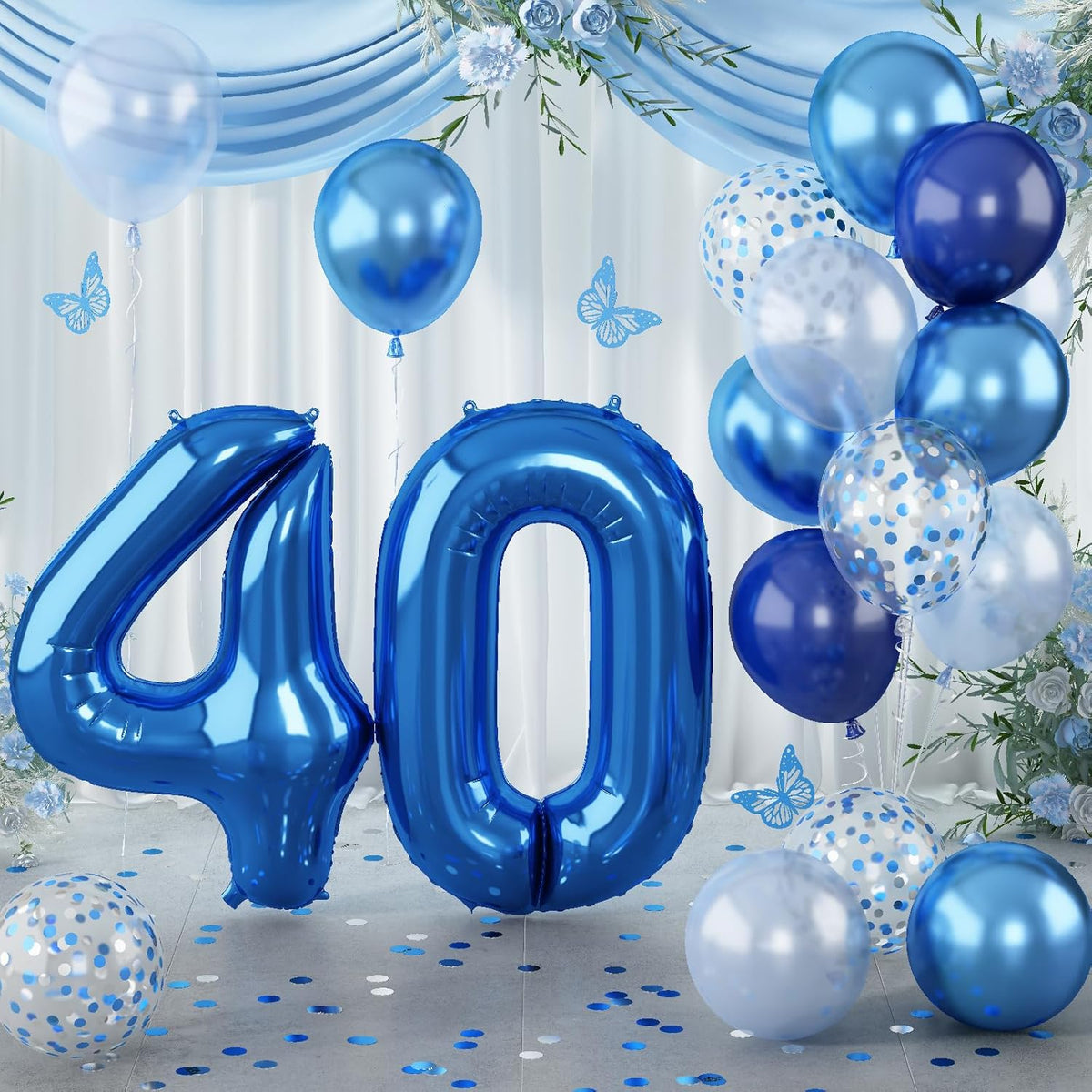 Large Foil Number 40 Balloons, Big Light Navy Blue 40 Helium Balloon with Metallic Silver Confetti